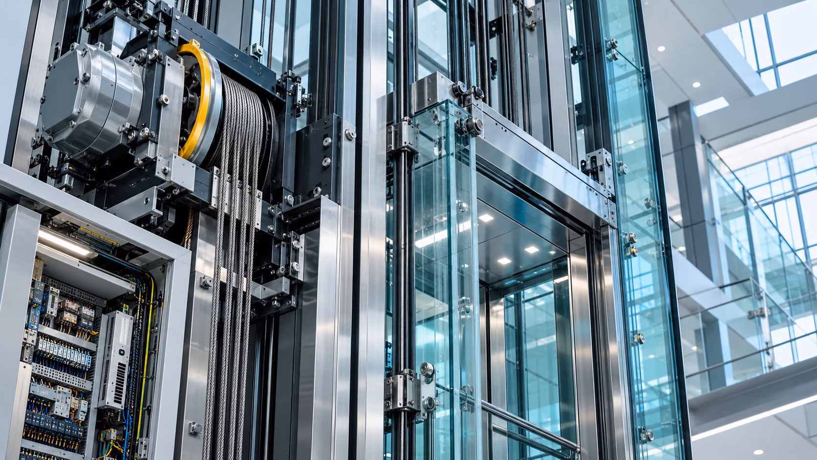 Advanced elevator machinery and a transparent glass lift shaft